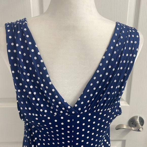 Papillon Sundress Navy White Polka Dot Sleeveless Ruched Stretch V Neck Sz L - Picture 5 of 8